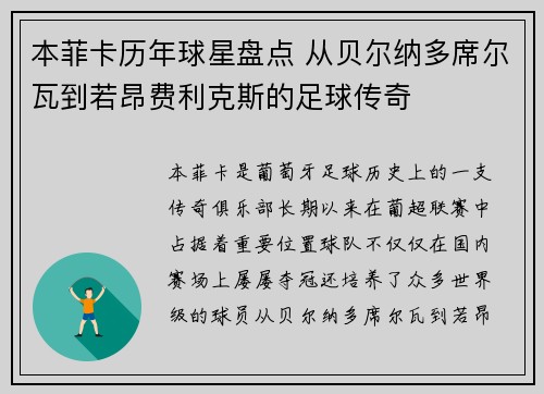 本菲卡历年球星盘点 从贝尔纳多席尔瓦到若昂费利克斯的足球传奇