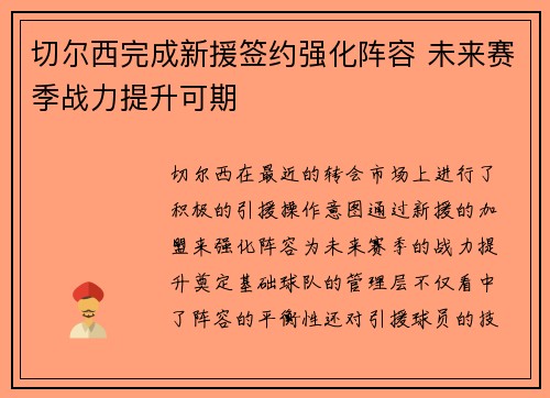 切尔西完成新援签约强化阵容 未来赛季战力提升可期